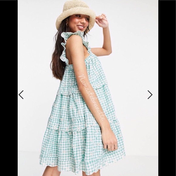 **SOLD***🌻NWOT🌻 Just Me Medium Flowy Green Gingham Embroidered Babydoll Mini - Picture 11 of 17